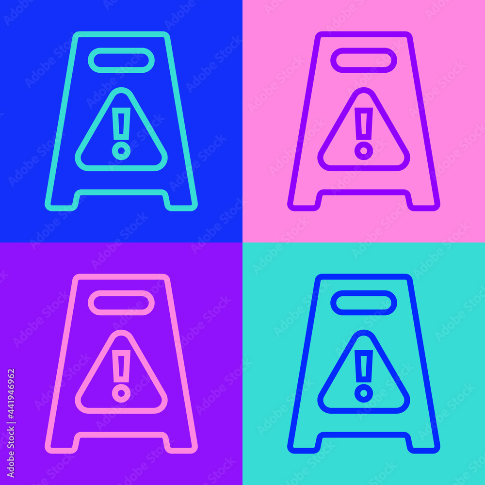 Pop art line Wet floor and cleaning in progress icon isolated on color background. Cleaning service concept. Vector Pop art line Wet floor and cleaning in progress icon isolated on color background. Cleaning service concept. Vector