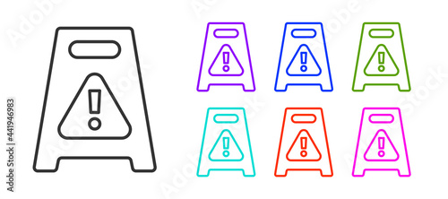 Black line Wet floor and cleaning in progress icon isolated on white background. Cleaning service concept. Set icons colorful. Vector