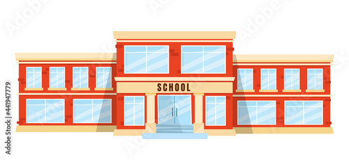 Front view of a classic school building with big windows and doors. Flat, cartoon style vector illustration isolated on white background. Elementary or high school architecture.