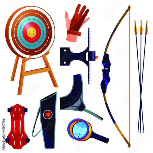 Archery equipment or sport tools collection. Vector flat icons of bow, arrows, wooden target, arm and chest guards, glove, guiver or arrows case. Target sport accessories, realistic set. photo