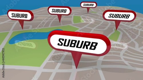 Suburbs Communities Neighborhoods Areas Map Pins 3d Animation photo