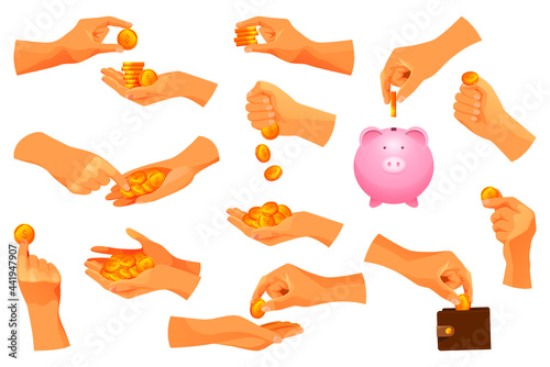 Set of money operations with gold coins. Hands holding cash or stack of coins, handful coins, put to the piggy bank or moneybox. Vector payment, purchase, investment or savings icons.