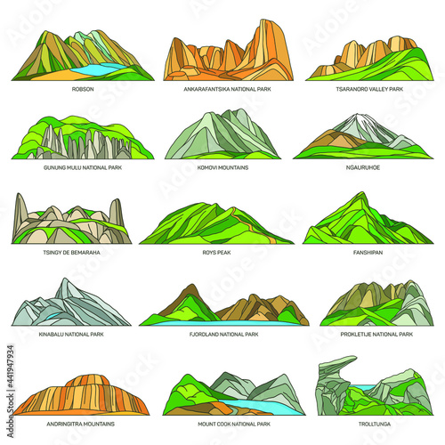 Wonderful tourist sightseeing of mountains and rocks, valleys. Linear icons of world natural landmarks. Vector landscapes set. Kinabalu, Fjordland, Prokletije, Mount Cook national parks. photo