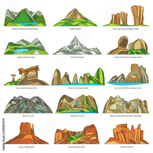 Vector natural landscapes or landmarks set. Linear icons of tourist sightseeing. Death and Yosemite valleys, Rushmore memorial, Bryce canyon, Swiss national park, The Matterhorn, Adam's peak.