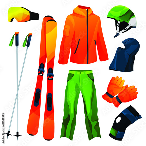 Skiing equipment, sport tools collection. Vector flat icons of skis and poles, helmet, glasses, uniform or protective clothing of skier. Sport accessories, realistic set. Winter sport.