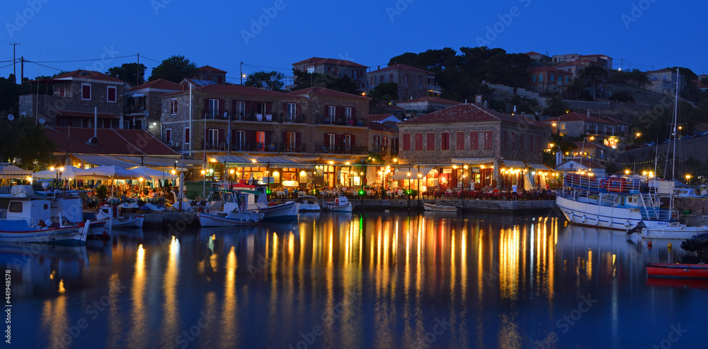 Harbor side restaurants Molyvos Greece at  night