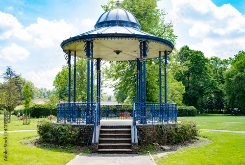 Romsey, Hampshire, UK – June 15 2021. The public bandstand located in Romsey War Memorial Park, Hampshire photo