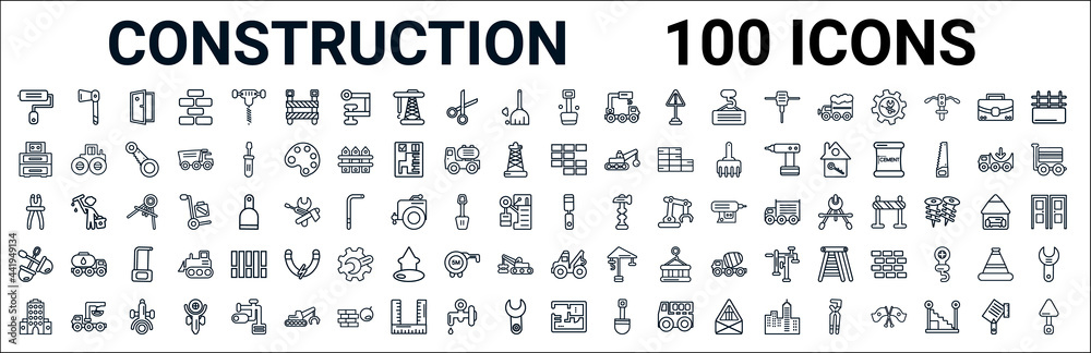 outline set of construction line icons. linear vector icons such as inclined ax,big closet,birck wall,inclined clippers,chisel,two shovels,tow truck,house plan. vector illustration - obrazy, fototapety, plakaty 