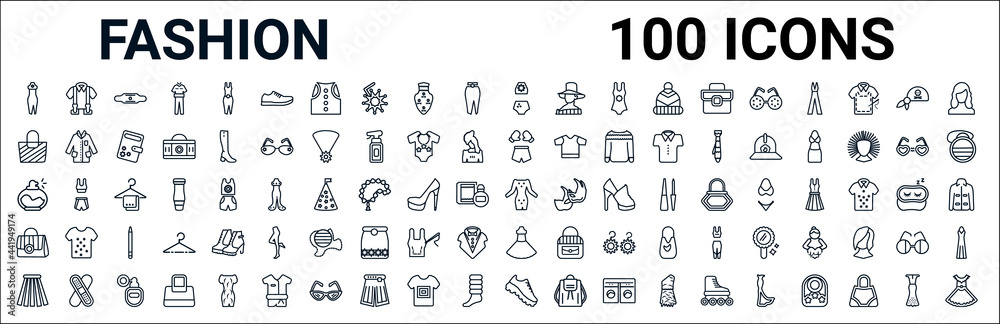 outline set of fashion line icons. linear vector icons such as suspenders,female black handbag,boxing ring,circular perfume bottle,long sleeve flowy dress,handbag elegant de,cloth,gym shoes. vector - obrazy, fototapety, plakaty 