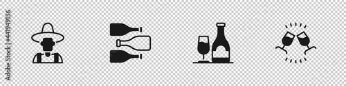 Set Farmer in the hat, Bottles of wine, Wine bottle with glass and tasting, degustation icon. Vector