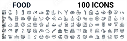 outline set of food line icons. linear vector icons such as muffin bake,mexican,drive through,hamburger and drink,sea life,cooking mitts,vegetarian food,fuqi feipian. vector illustration
