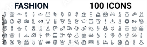 outline set of fashion line icons. linear vector icons such as suspenders,female black handbag,boxing ring,circular perfume bottle,long sleeve flowy dress,handbag elegant de,cloth,gym shoes. vector photo