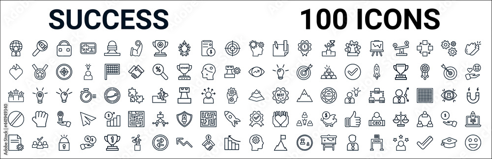Fototapeta premium outline set of success line icons. linear vector icons such as startup project search,passion,vision,pedestal,pyramid chart,restrict,quality,startup head. vector illustration