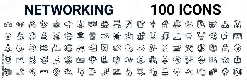outline set of networking line icons. linear vector icons such as cloud server,cloud storage,spam,wlan,protected,bot,internet security,padlock. vector illustration