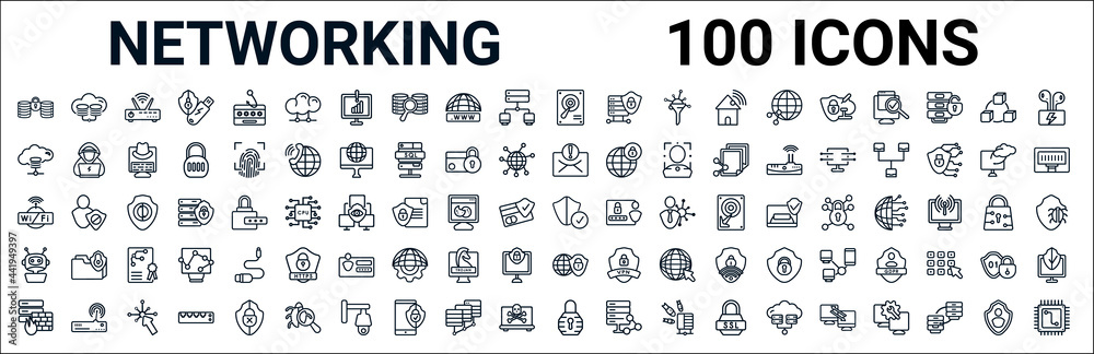 Fototapeta premium outline set of networking line icons. linear vector icons such as cloud server,cloud storage,spam,wlan,protected,bot,internet security,padlock. vector illustration