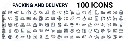 outline set of packing and delivery line icons. linear vector icons such as delivery list,ocean transportation,packages,certificate,logistic ship,weight,qr code,transportation. vector illustration