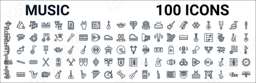 outline set of music line icons. linear vector icons such as music triangle,oboe,piano,flute,shuffle,trombone,treble clef,acoustic guitar. vector illustration