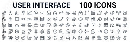 outline set of user interface line icons. linear vector icons such as upload setup,user setting interface,search shot interface with a magnifier tool,multiple variable lines,percentage chart,switch