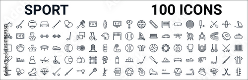 outline set of sport line icons. linear vector icons such as hurling,cycling,softball,yoga,basketball,snowboard,podium,football. vector illustration