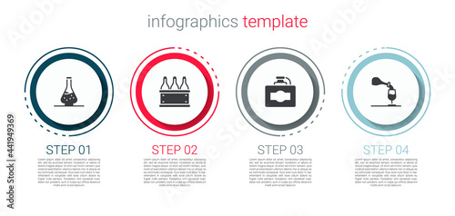 Set Decanter for wine, Bottles of box, Cardboard and Wine tasting, degustation. Business infographic template. Vector