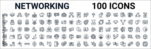 outline set of networking line icons. linear vector icons such as cloud server,cloud storage,spam,wlan,protected,bot,internet security,padlock. vector illustration