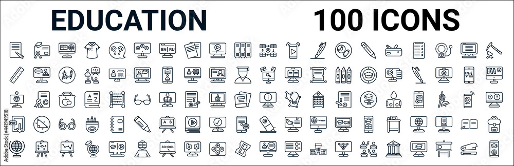 outline set of education line icons. linear vector icons such as diploma,ruler,knowledge,web camera,information,pdf,eraser,online class. vector illustration - obrazy, fototapety, plakaty 