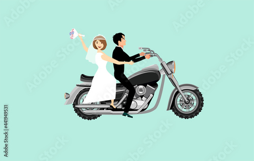 Happy just married couple rides on the byke  wedding photo, bride and groom in the frame, flat vector illustration