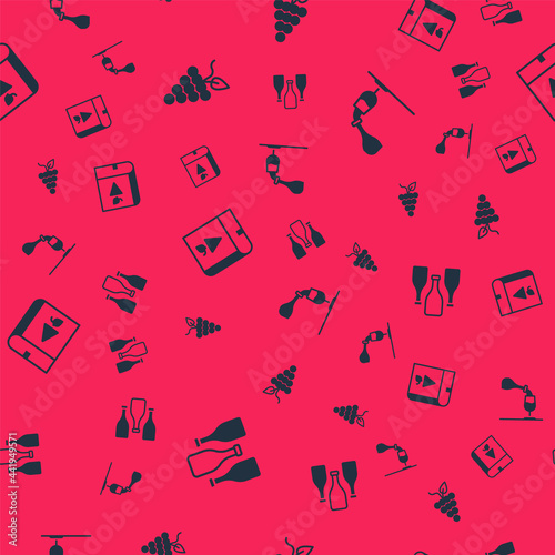 Set Bottles of wine, Bunch grapes, Book about and Wine tasting, degustation on seamless pattern. Vector