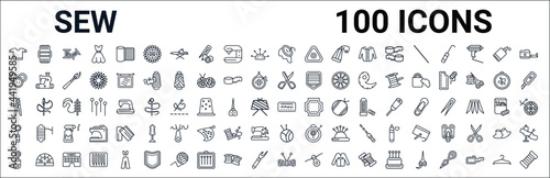 outline set of sew line icons. linear vector icons such as wool ball,button,pinking shears,clothespin,stitches,water spray,ball of wool,zipper. vector illustration
