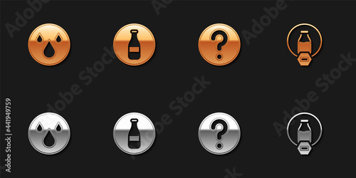 Set Water drop, Bottle, Unknown search and Lactose free icon. Vector