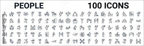 outline set of people line icons. linear vector icons such as man riding a horse,devil standing up,speaker in a conference,classes,paramedic,group of men running,locust,police arresting man. vector
