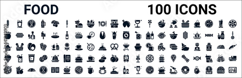 set of 100 glyph food web icons. filled icons such as drink water,apple leaf,pack,kitchen pack,barbecue grill,raspberry leaf,boiler,wine bottle and glass. vector illustration