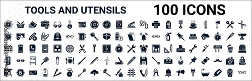 set of 100 glyph tools and utensils web icons. filled icons such as empty shopping basket,clocks,shear,calendar with six days,reparation,mercury thermometer degrees,pencil tool,hanging ladder.