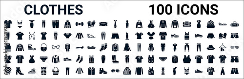 set of 100 glyph clothes web icons. filled icons such as lingerine set,jeans,one shoulder dress,sleeveless shirt,peplum skirt,chiffon suffle blouse,jean,tulle skirt. vector illustration