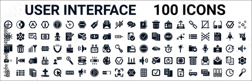 set of 100 glyph user interface web icons. filled icons such as hue circle,digital currency,form,new tab button,switch orientation button,email envelope button,vertical bar,round delete button.