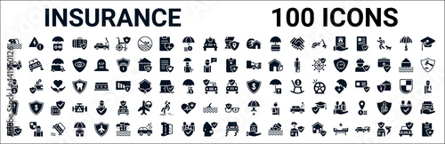 set of 100 glyph insurance web icons. filled icons such as problem electric,excessive weight for the vehicle,health insurance,beneficiary,repair,coffin,glasses insurance,slippery road. vector photo