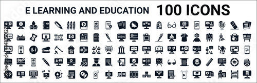 set of 100 glyph e learning and education web icons. filled icons such as information,game-based learning,online,qualification,digital book,chalkboard,progress,lockers. vector illustration