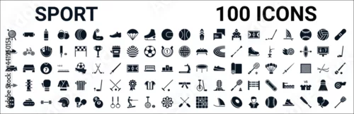 Obraz set of 100 glyph sport web icons. filled icons such as sport goggles,snowmobile sport,kickball,rallycross,training,bodybuilding,karate,rafting. vector illustration
