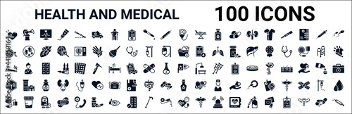 set of 100 glyph health and medical web icons. filled icons such as breast pump,wheelchair,medical file,smoking,optometrist,non ionizing radiation,poisonous,blood pressure. vector illustration