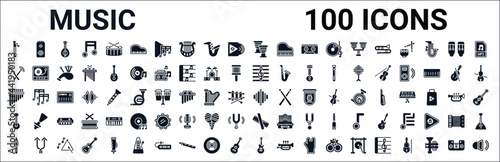 set of 100 glyph music web icons. filled icons such as amplifier,drumsticks,clef,panpipe,equalizer,banjo,clave,electric guitar. vector illustration