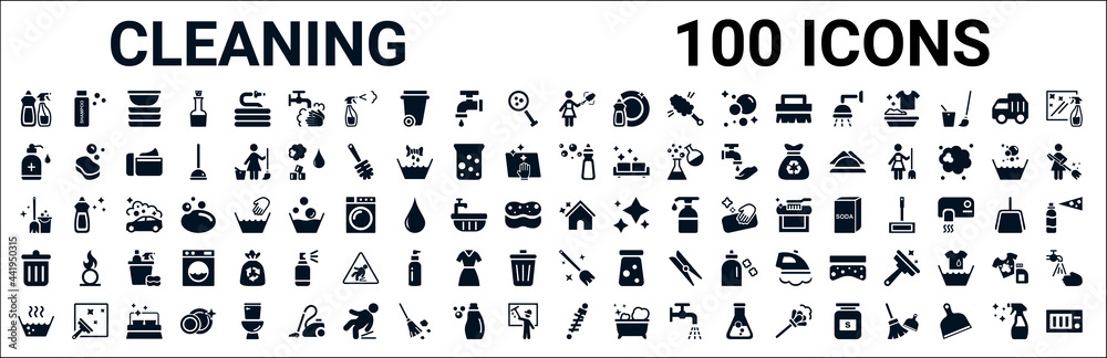 set of 100 glyph cleaning web icons. filled icons such as shampoo,sanitize,dishwashing detergent,cleaning tools,cleaning house,trash,broom,suspension. vector illustration