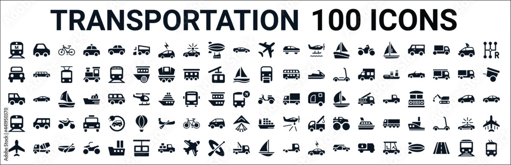 set of 100 glyph transportation web icons. filled icons such as litter car,off road,monorail,jalopy,subway,cargo ship,schooner. vector illustration