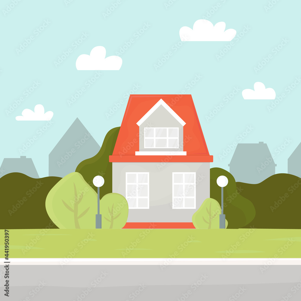 two-story house with a red roof, large windows, lanterns on the lawn. Nice, cozy home. A universal background for various designs. Vector illustration, flat