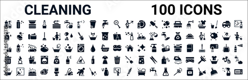 set of 100 glyph cleaning web icons. filled icons such as shampoo,sanitize,dishwashing detergent,cleaning tools,cleaning house,trash,broom,suspension. vector illustration photo