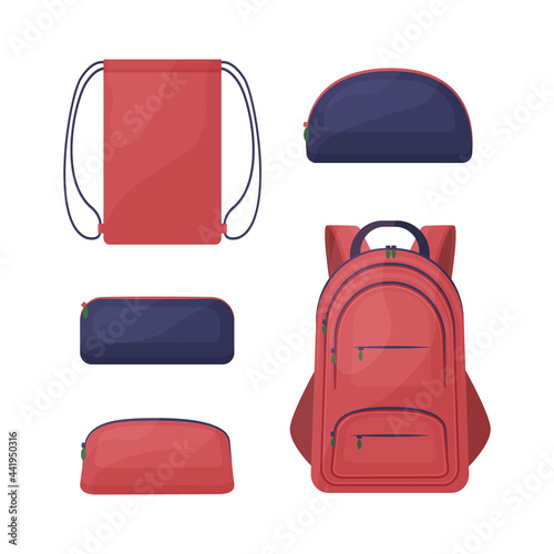A school kit consisting of red and blue school bags, such as a kra backpack, a rectangular and round pencil case for pens and pencils, and a shoe bag. Vector illustration isolated on white background