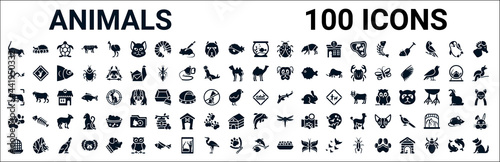 set of 100 glyph animals web icons. filled icons such as hibernation,japanese dragon,humps,hunted,whale zone,pawprint,dolphins,fishes in the ocean. vector illustration