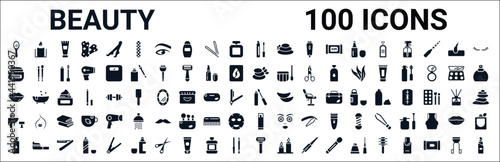 set of 100 glyph beauty web icons. filled icons such as candle,facial cream,massage,lips,lip gloss,hair washer sink,skincare,razor. vector illustration
