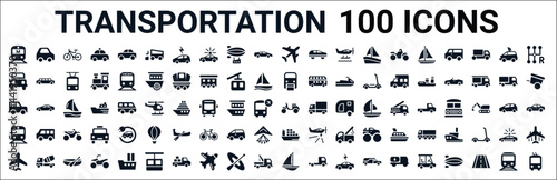 set of 100 glyph transportation web icons. filled icons such as litter car,off road,monorail,jalopy,subway,cargo ship,schooner. vector illustration
