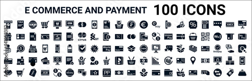 set of 100 glyph e commerce and payment web icons. filled icons such as tax,giftbox,maestro,broker,product,wirecard,basket,cit card. vector illustration photo