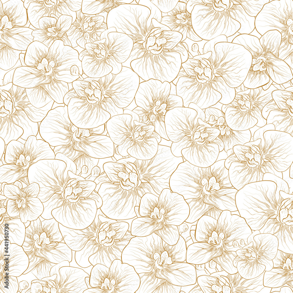 Floral, seamless botanica pattern, orchid flower isolated on white background.  modern monochrome, wallpaper. hand-drawn illustration for textile. art  draw for print wrapping paper. Vector. vintage 